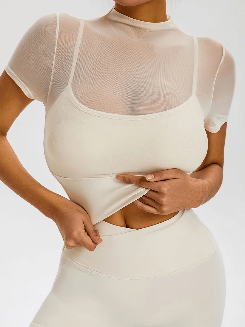Mesh Mock Neck Sports Crop Top with Built-In Bra - SF4374 ivory short sleeve sheer mesh mock neck yoke, quick-dry stretch fit