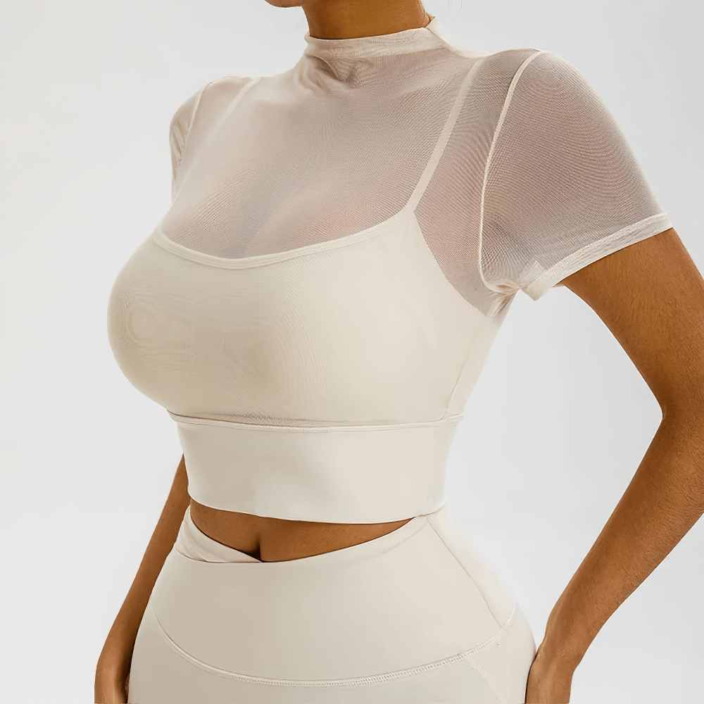 Alt Tag: Mesh Mock Neck Sports Crop Top with Built-In Bra - SF4374 ivory short sleeve sheer mesh mock neck crop top for yoga running fitness