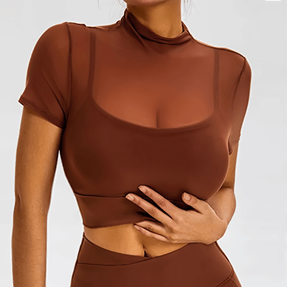 Alt Tag: Mesh Mock Neck Sports Crop Top with Built-In Bra - SF4374 short sleeve sheer mesh mock neck crop top, built-in bra, quick-dry