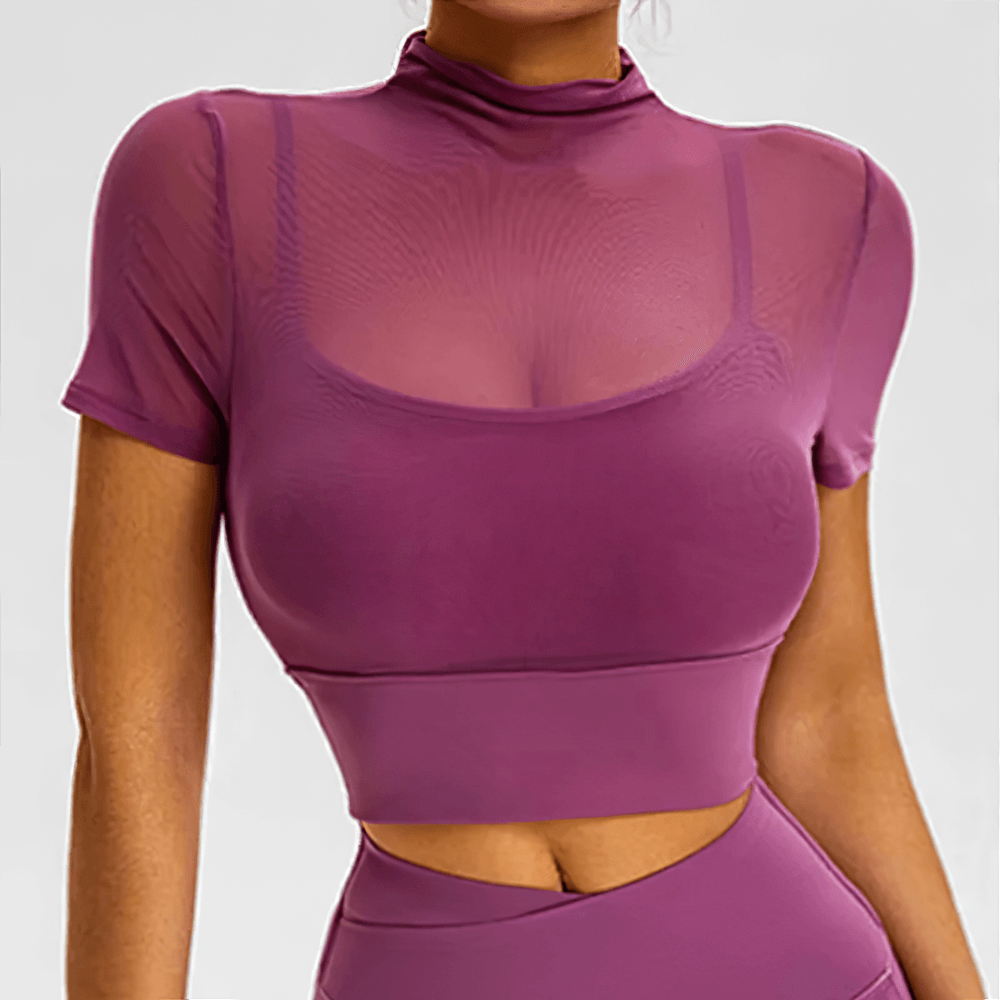 Alt Tag: Mesh Mock Neck Sports Crop Top with Built-In Bra - SF4374 sheer mock neck mesh panel short sleeve crop top, breathable quick-dry