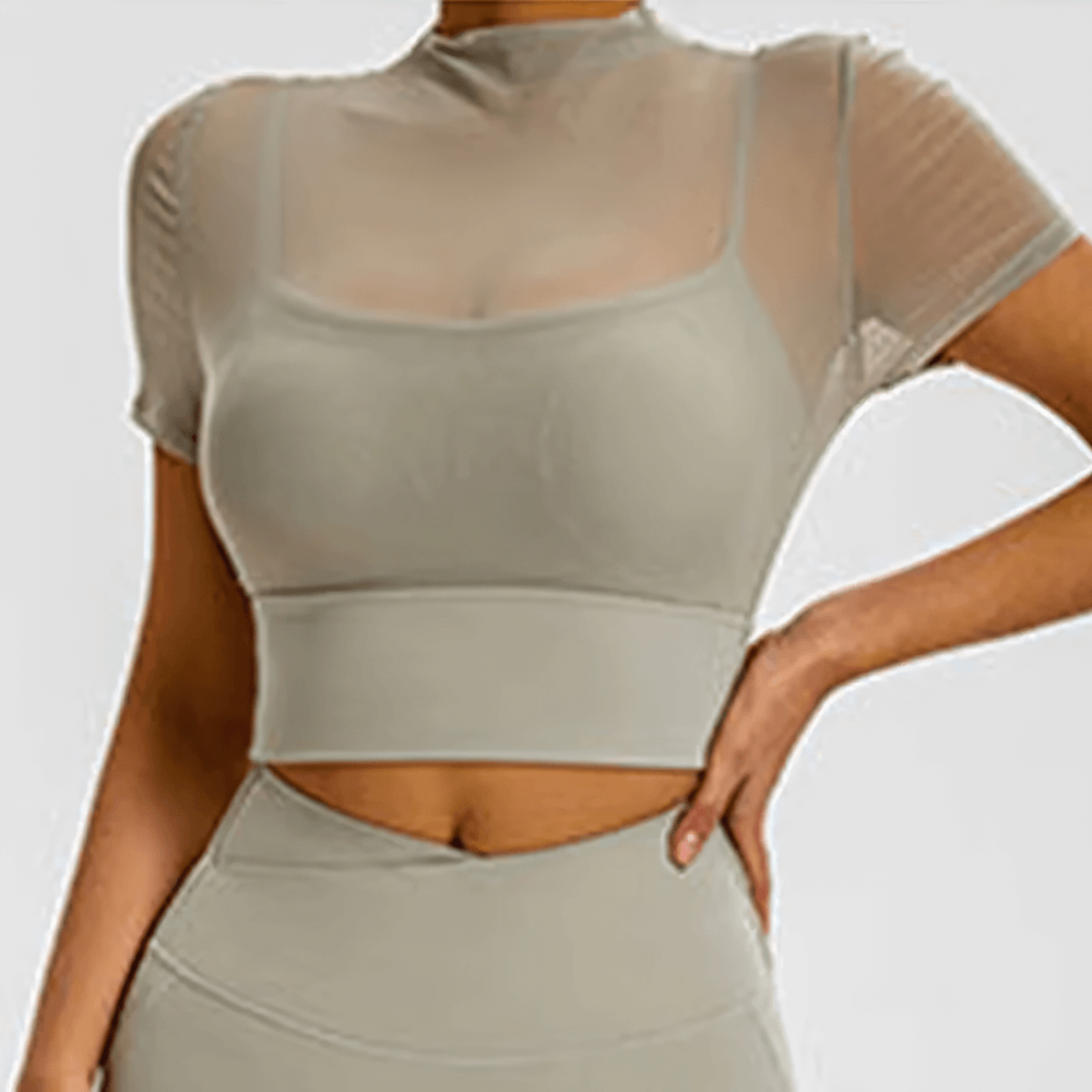 Alt Tag: Mesh Mock Neck Sports Crop Top with Built-In Bra - SF4374 ivory short sleeve sheer mesh mock neck crop top