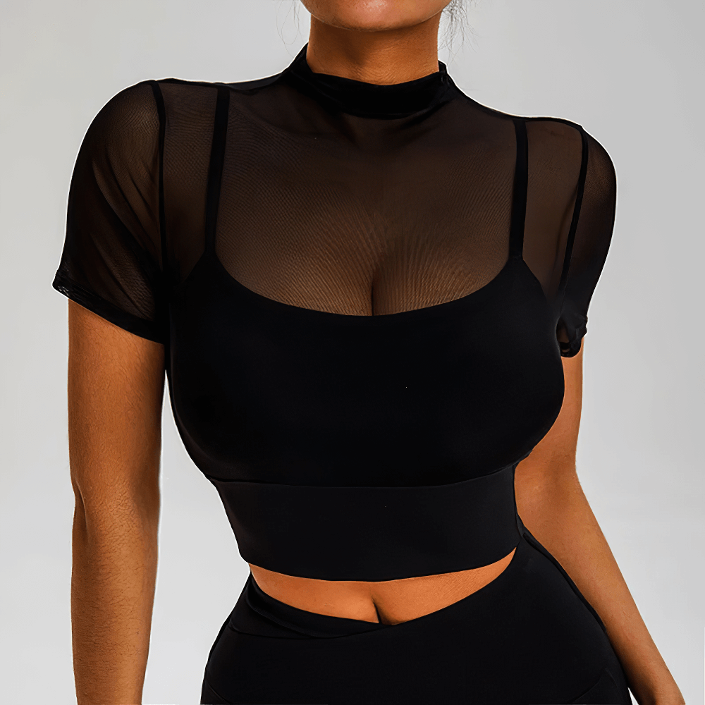 Alt Tag: Mesh Mock Neck Sports Crop Top with Built-In Bra - SF4374 night black short sleeve sheer mesh mock neck yoke