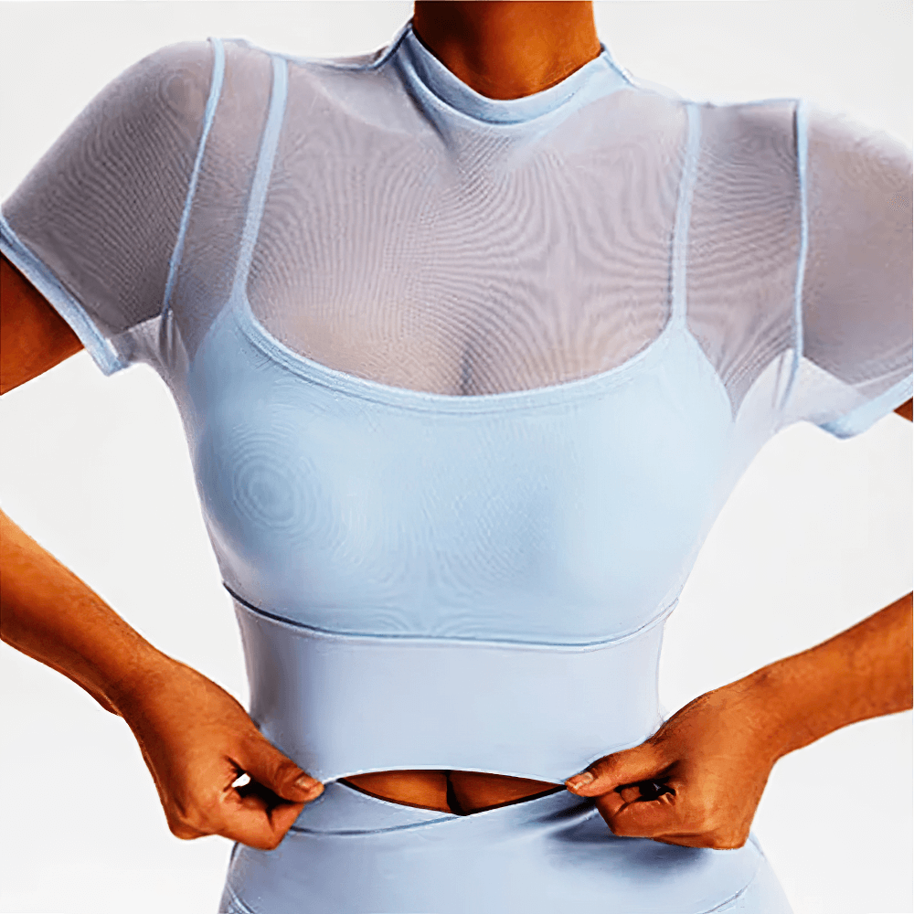 Alt Tag: Mesh Mock Neck Sports Crop Top with Built-In Bra - SF4374 sky blue short sleeve sheer mesh mock neck crop top with built-in bra