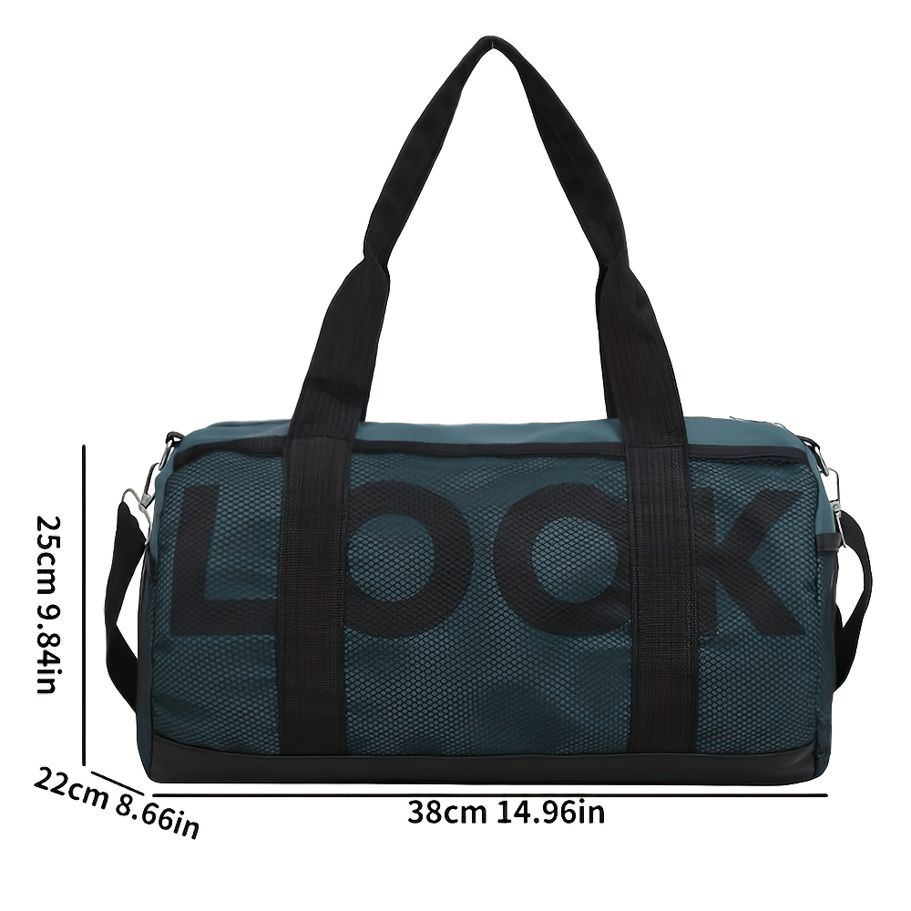 Mesh panel sports duffel bag with large capacity, featuring side storage pockets, adjustable strap, and sturdy handle.