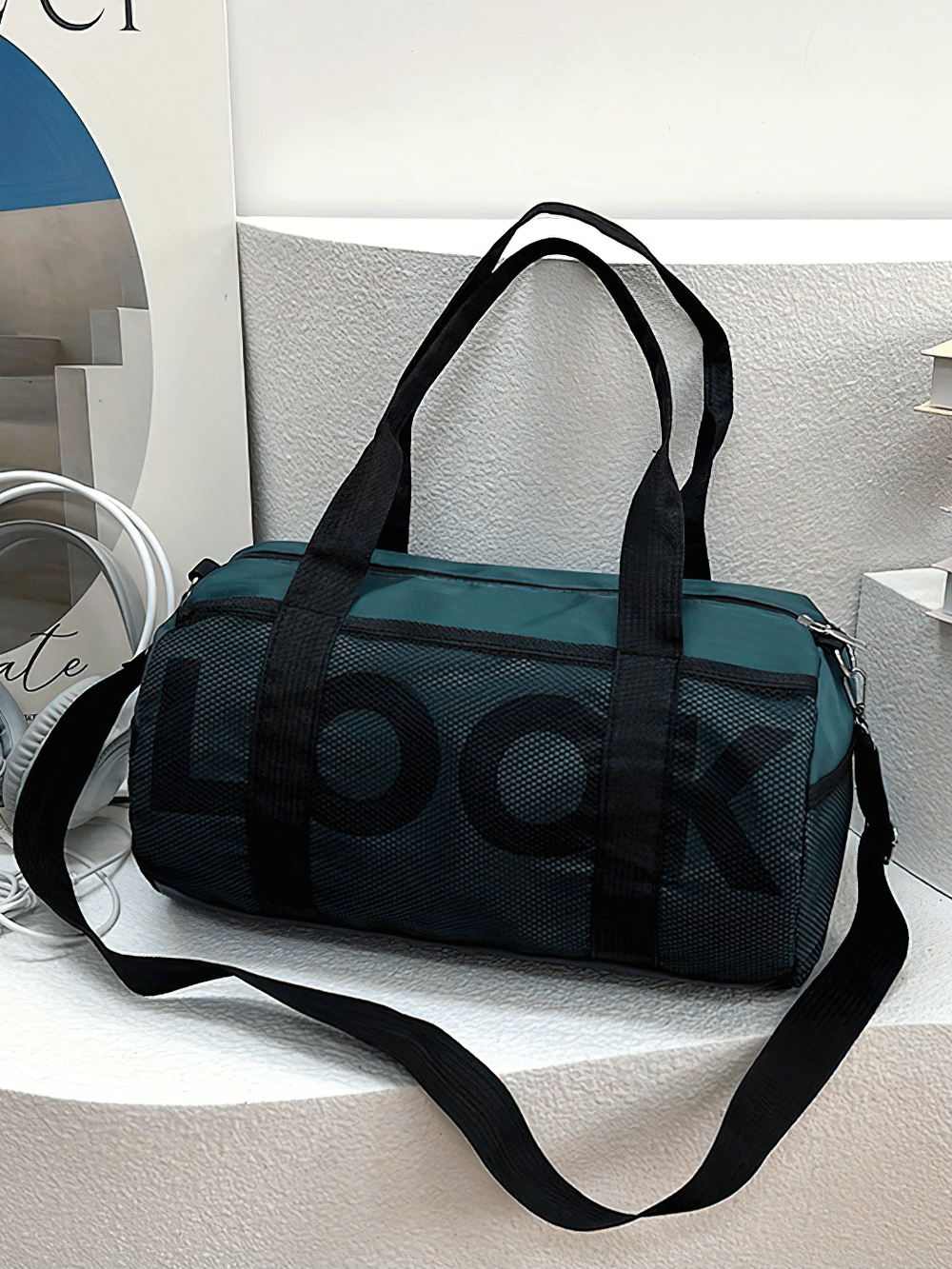 Mesh Panel Sports Duffel Bag SF2654 with large capacity, side pockets, and adjustable strap in stylish design for gym or travel.