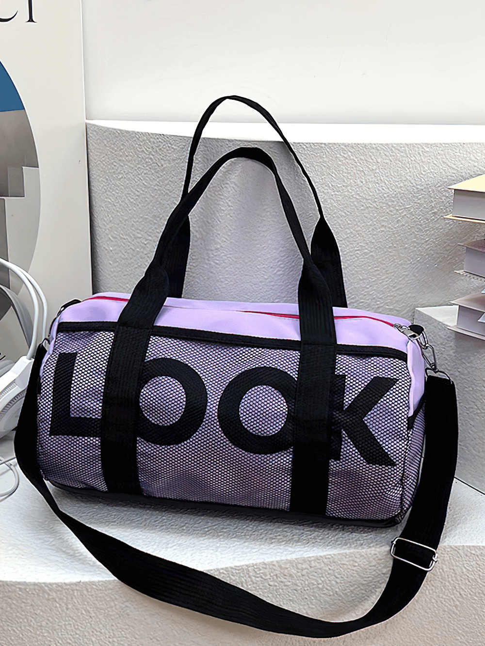 Purple mesh panel sports duffel bag with 