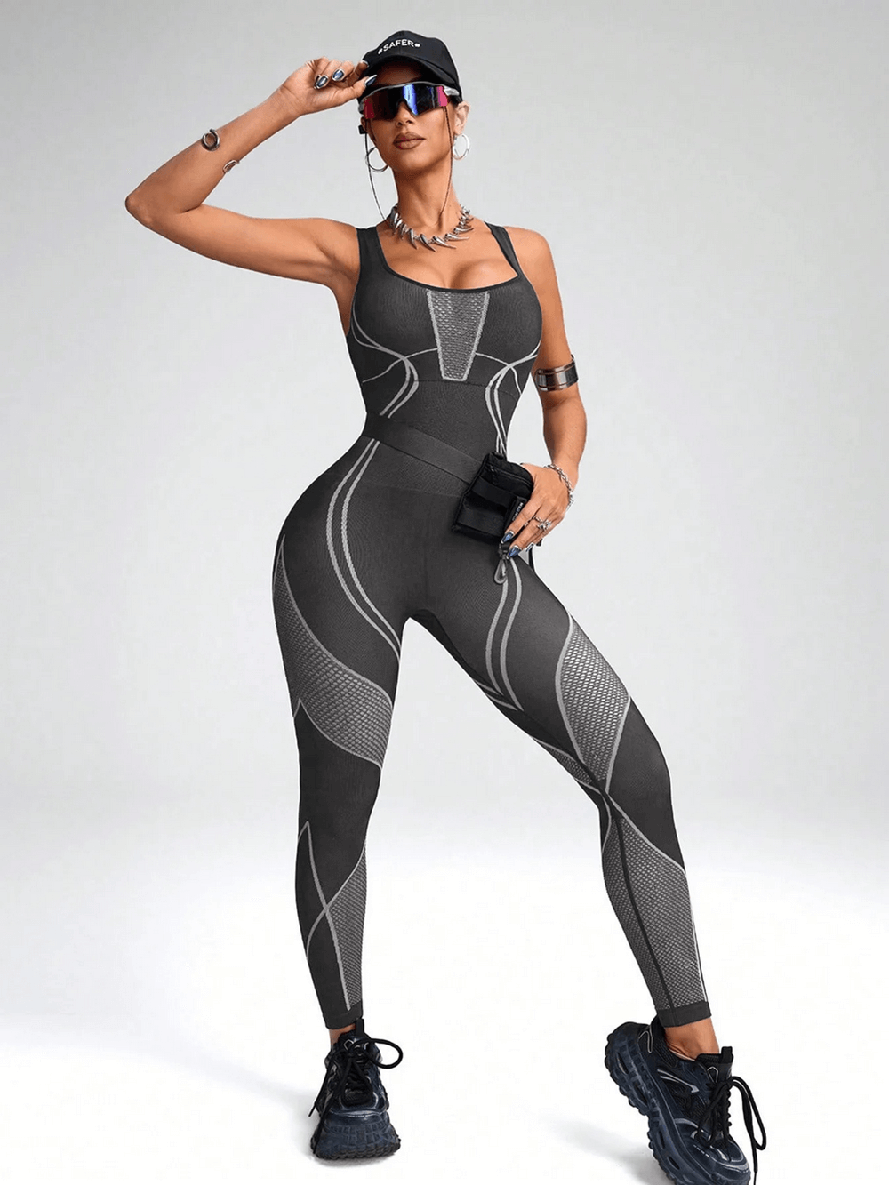 Mesh Panel Yoga Jumpsuit with Sculpt Fit Design - SF4229, women's fitness bodysuit with stylish and modern mesh detailing for gym and yoga.