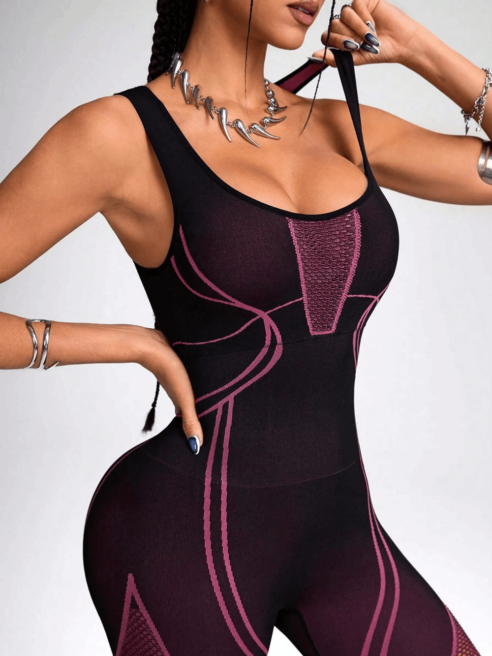 Mesh Panel Yoga Jumpsuit with Sculpt Fit Design - SF4229 in stylish color pattern for gym and yoga enthusiasts.