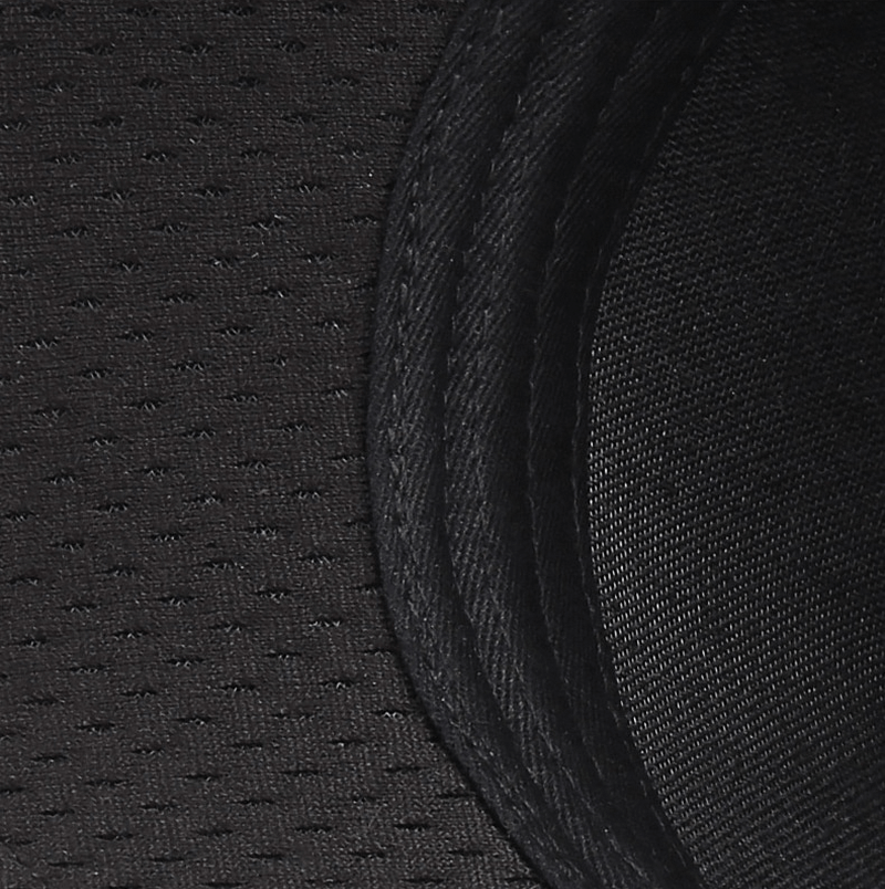 Close-up of black mesh quick-dry unisex sports baseball cap, showcasing breathable polyester design for indoor and outdoor activities.