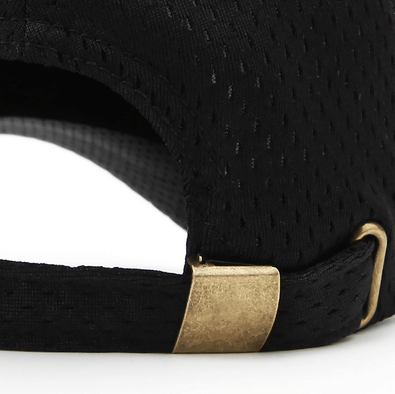 Close-up of adjustable strap on mesh quick-dry unisex baseball cap, featuring breathable material and durable brass buckle.