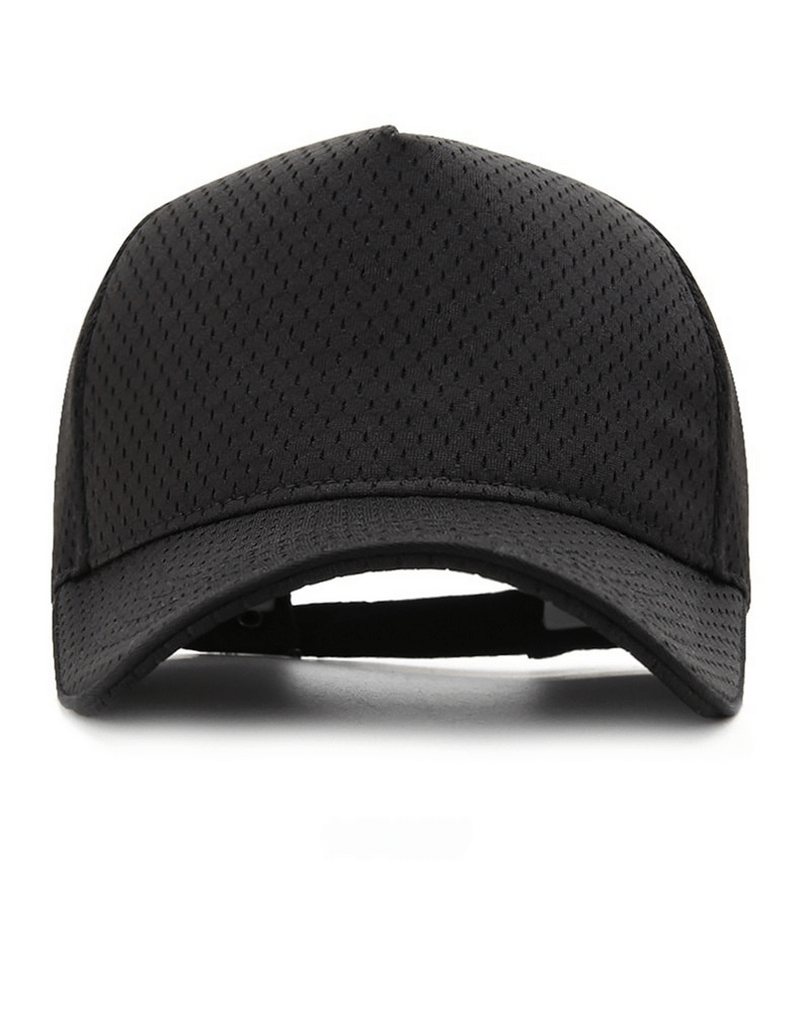 Mesh Quick-Dry Unisex Sports Baseball Cap in black, featuring breathable design and adjustable strap, ideal for sports and casual wear.
