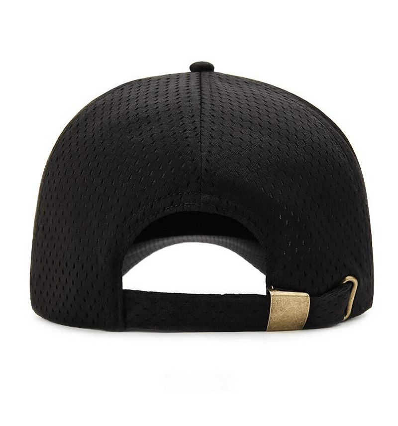 Back view of black mesh quick-dry unisex sports baseball cap with adjustable strap and breathable design - perfect for active wear.