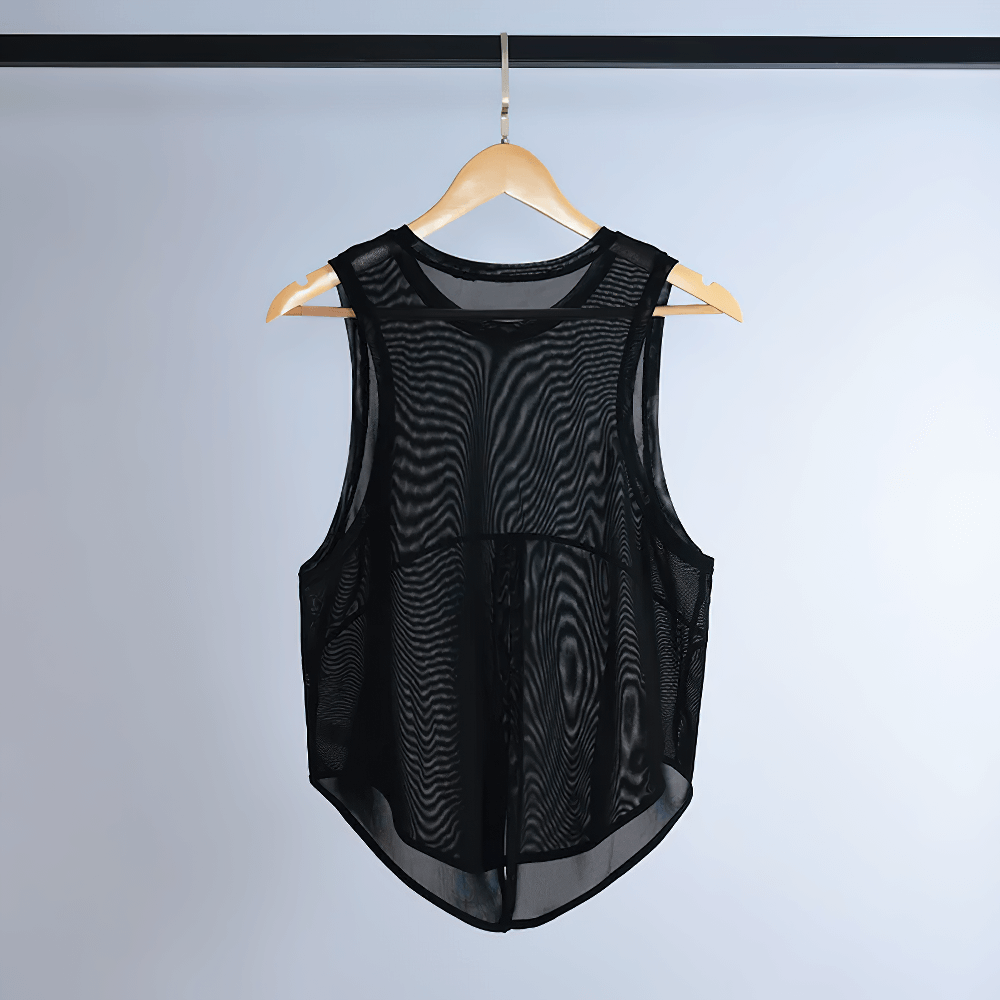 Black mesh sleeveless yoga tank top for women on a hanger, perfect for fitness and gym workouts, breathable and stylish.