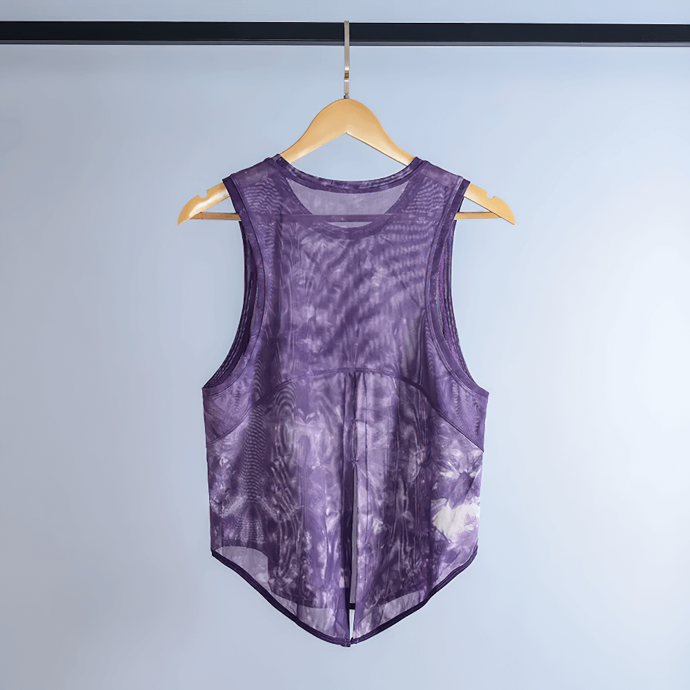 Back view of purple mesh sleeveless yoga tank top for women on hanger, fitness and gym wear, breathable lightweight fabric.