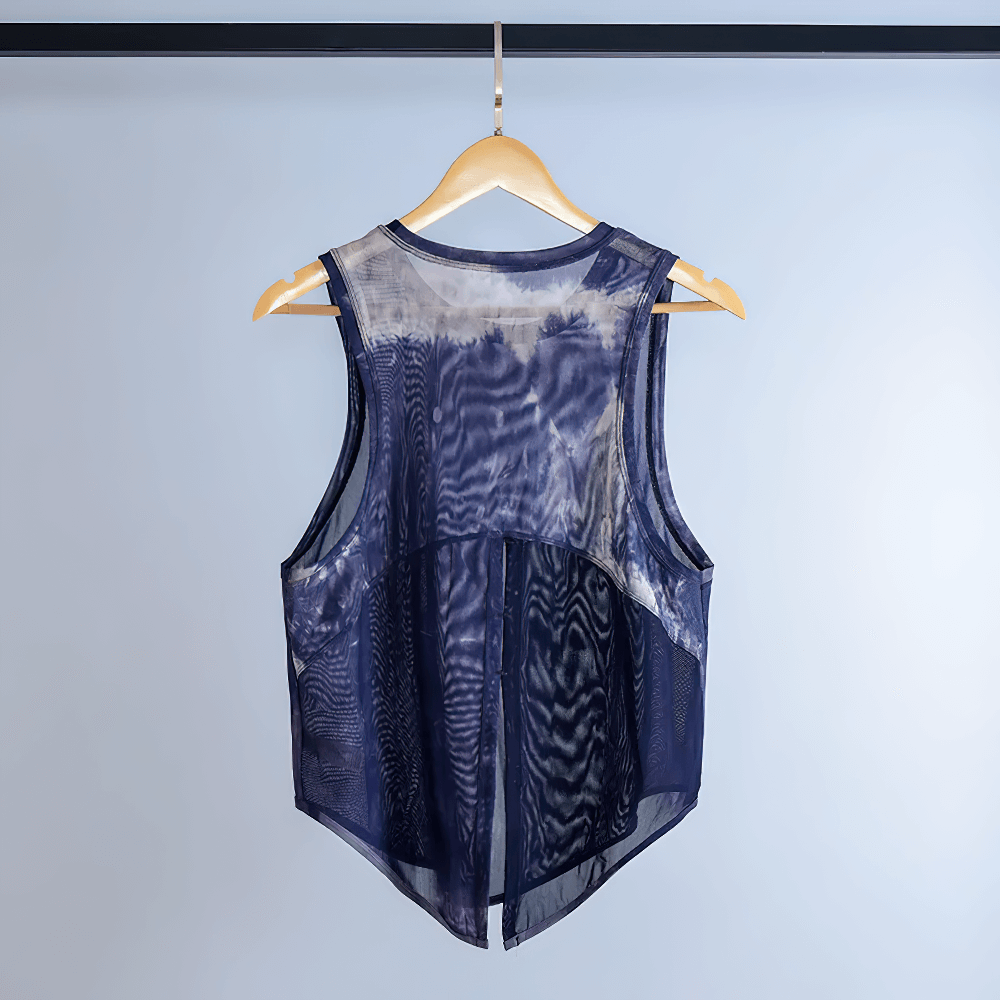 Mesh Sleeveless Yoga Tank Top in navy blue, displayed on a hanger, perfect for women seeking style and comfort during workouts.