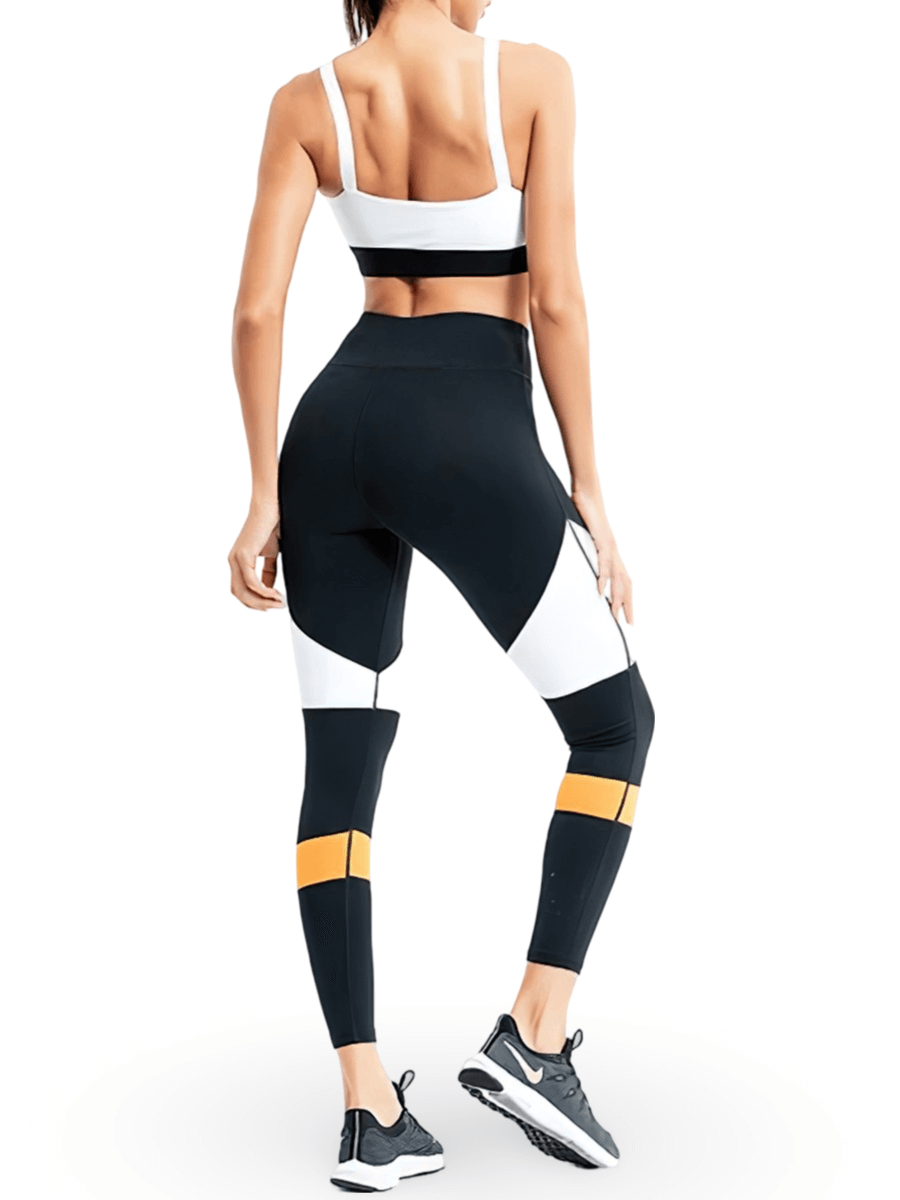 Chic women's mesh sports bra and colorblock leggings set, perfect for fitness, yoga, running, featuring stylish and breathable design.