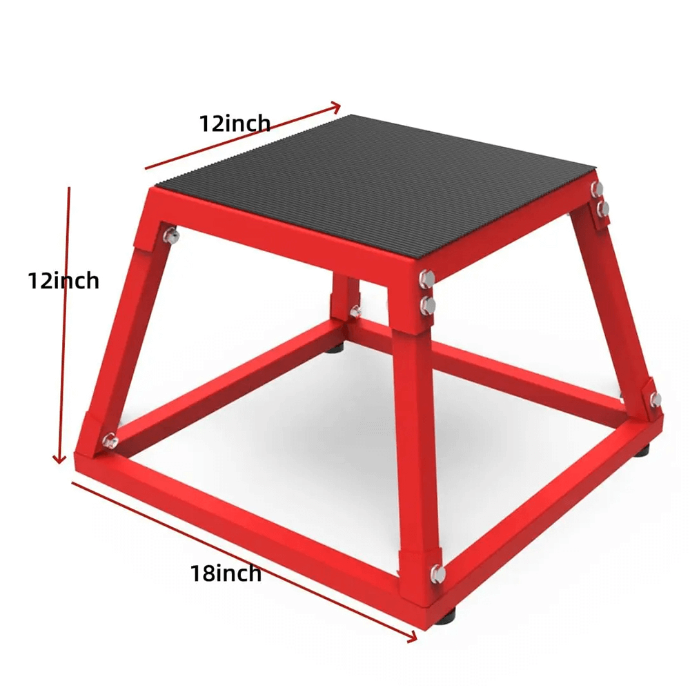 Red metal plyometric jump box for home and gym training, 12 inches high, featuring non-slip surface for safety during workouts, model SF3209.