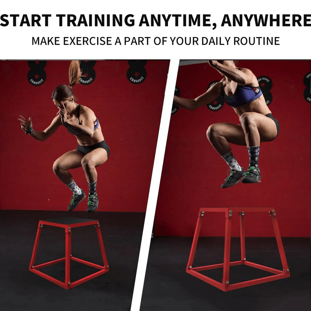 Athletes using SF3209 metal jump box for plyometric training at gym. Perfect for high-intensity workouts. Non-slip, supports 450 lbs.