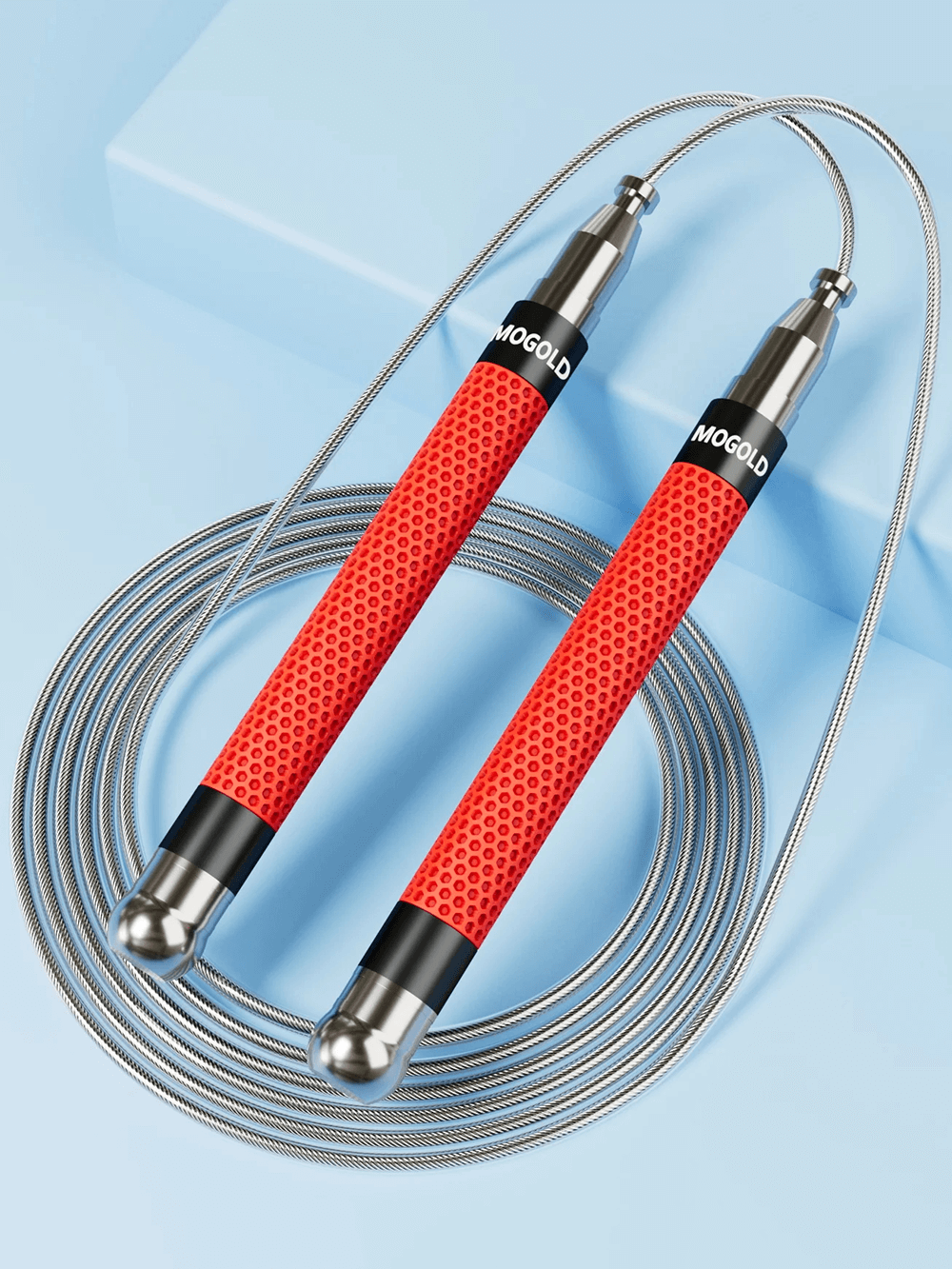 Metal Speed Jump Rope with Anti-Slip Handles - SF3500 in vibrant red highlighting adjustable steel cable for cardio workouts.