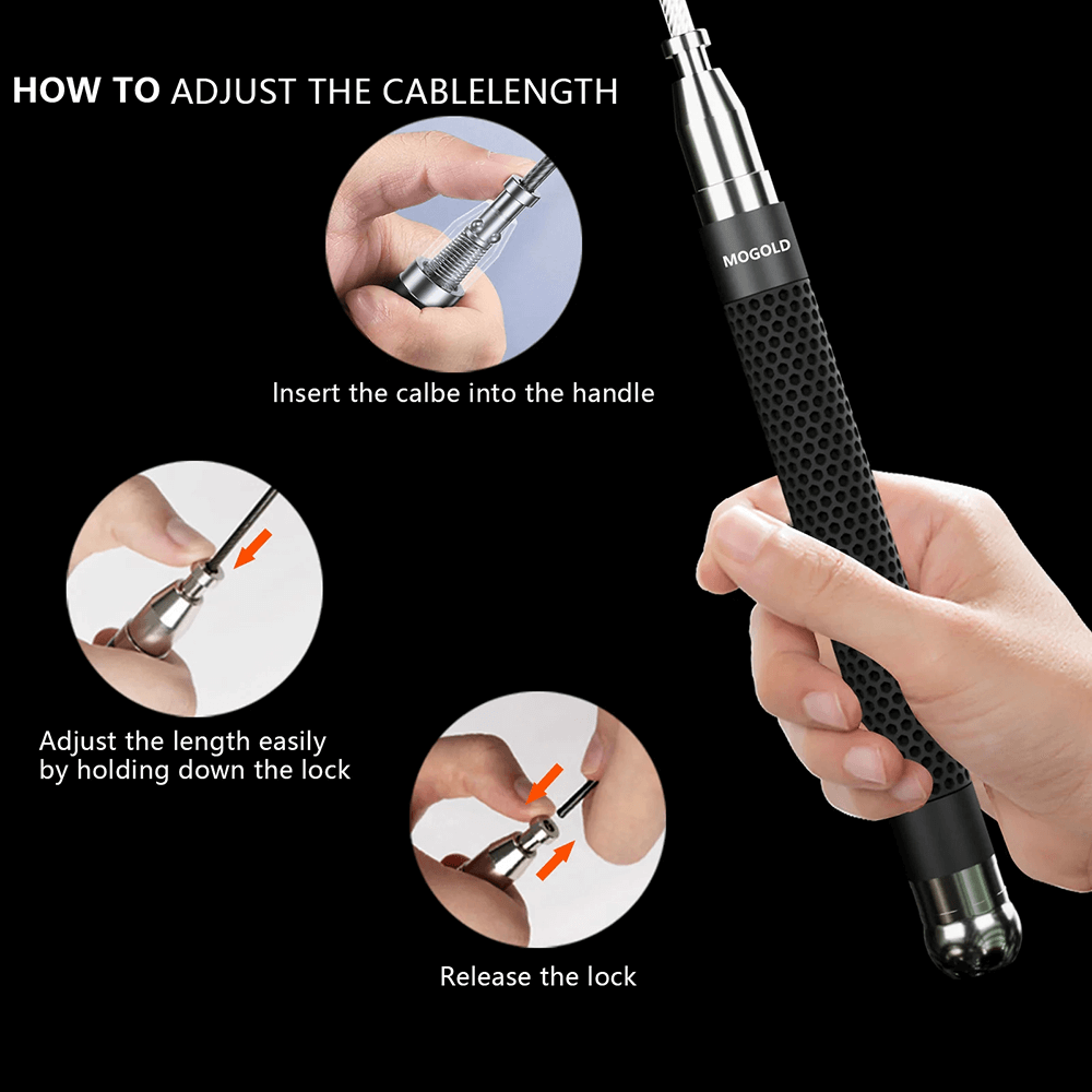 How to adjust cable length on Metal Speed Jump Rope with Anti-Slip Handles - SF3500; shows handle and lock mechanism.
