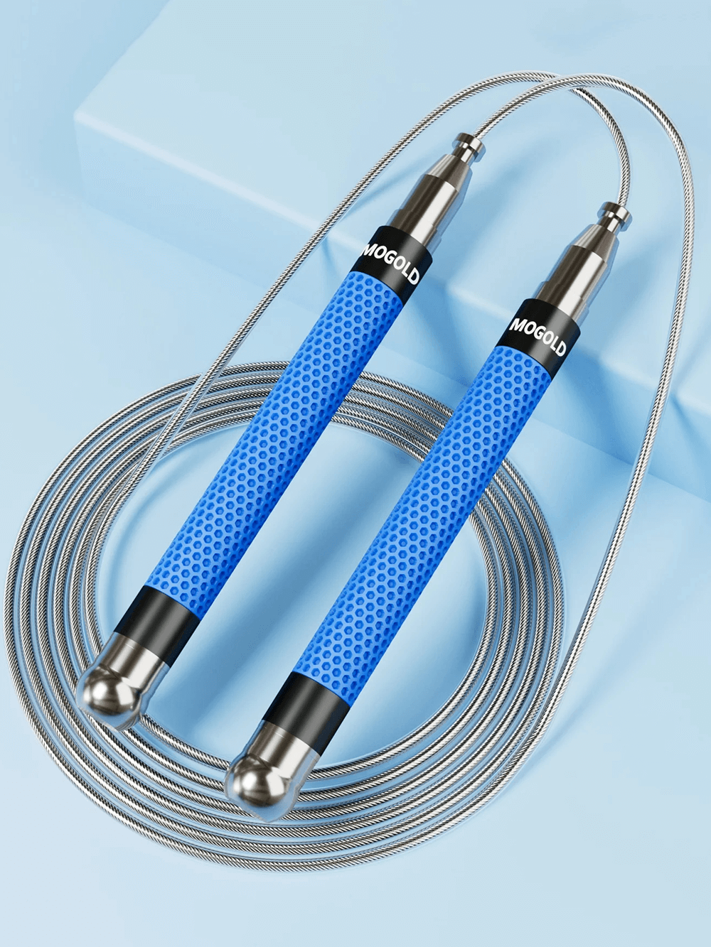 Metal Speed Jump Rope with Anti-Slip Handles - SF3500, featuring durable steel cables and ergonomic blue handles for cardio workouts.