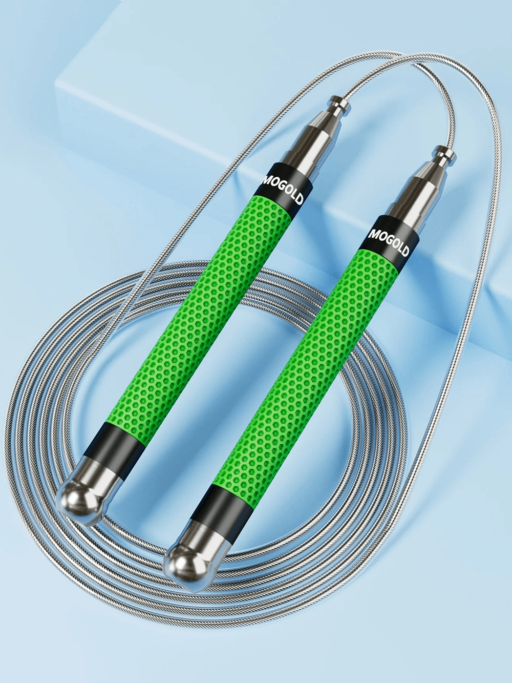 Metal Speed Jump Rope with Anti-Slip Handles - SF3500 featuring green ergonomic handles and durable steel cable for cardio workouts.