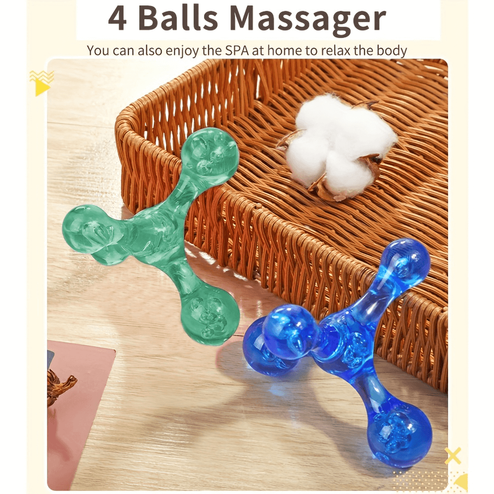 Mini manual massager with four balls for acupuncture point relief, shown in green and blue beside a wicker basket.