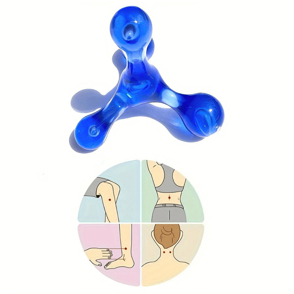 Blue mini manual massager SF2840 for acupuncture point relief on arms, back, and feet with illustrated usage guide.