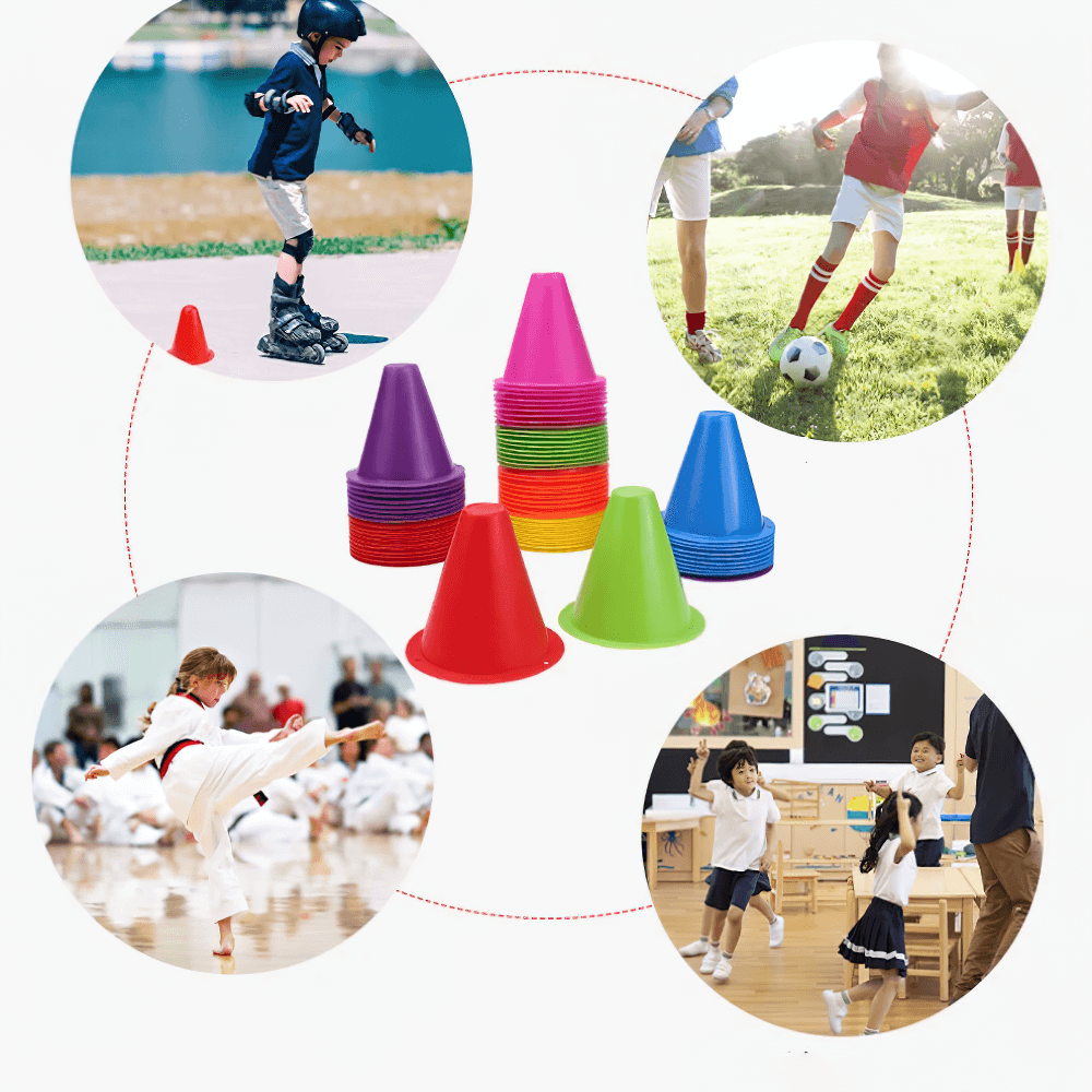 Colorful mini training cones for roller skating, soccer, and agility drills, perfect for indoor and outdoor sports practice.