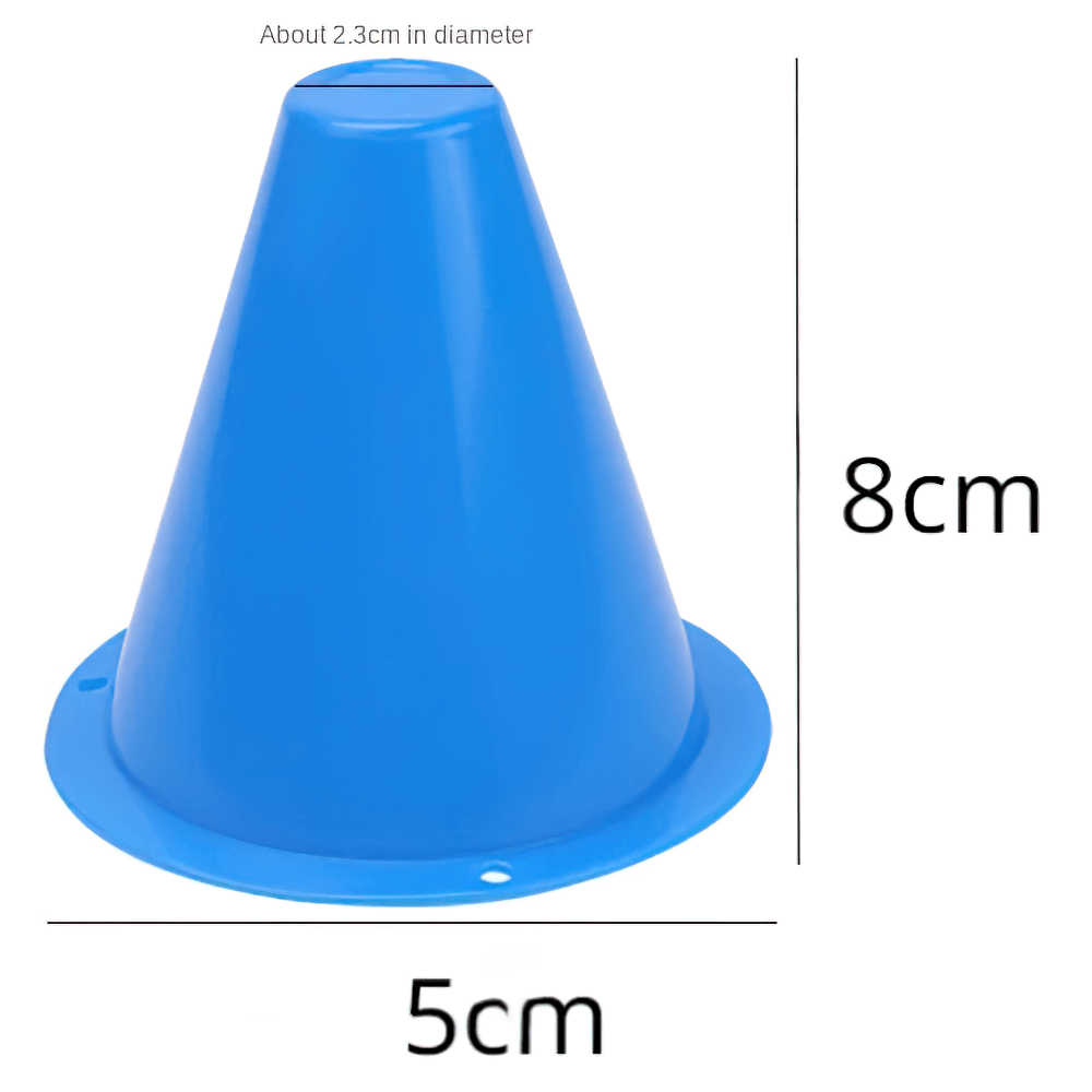 Blue plastic training cone for roller skating and sports drills, 8cm high. Perfect for agility practice and course setups, indoors or outdoors.