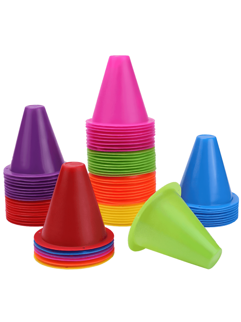 Colorful mini training cones SF3203, perfect for sports drills and agility training, shown in vibrant purple, red, green, blue, and pink.