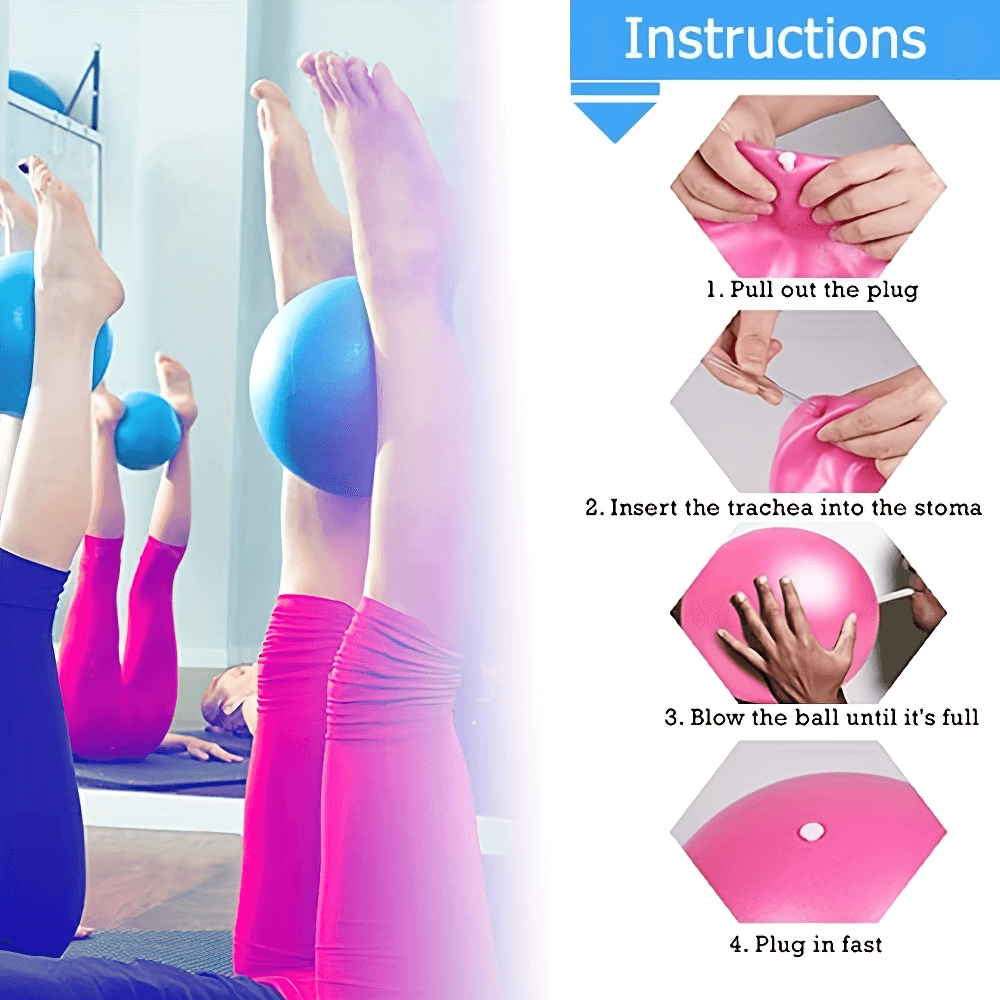 Women using mini yoga balls during Pilates with instructions for inflation: 1. Pull plug, 2. Insert trachea, 3. Blow ball, 4. Plug in.