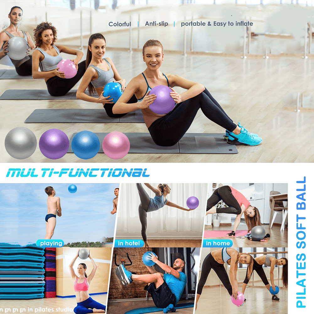 Diverse group using mini yoga balls for Pilates and balance training, showcasing versatility and portability. Anti-slip, easy to inflate.