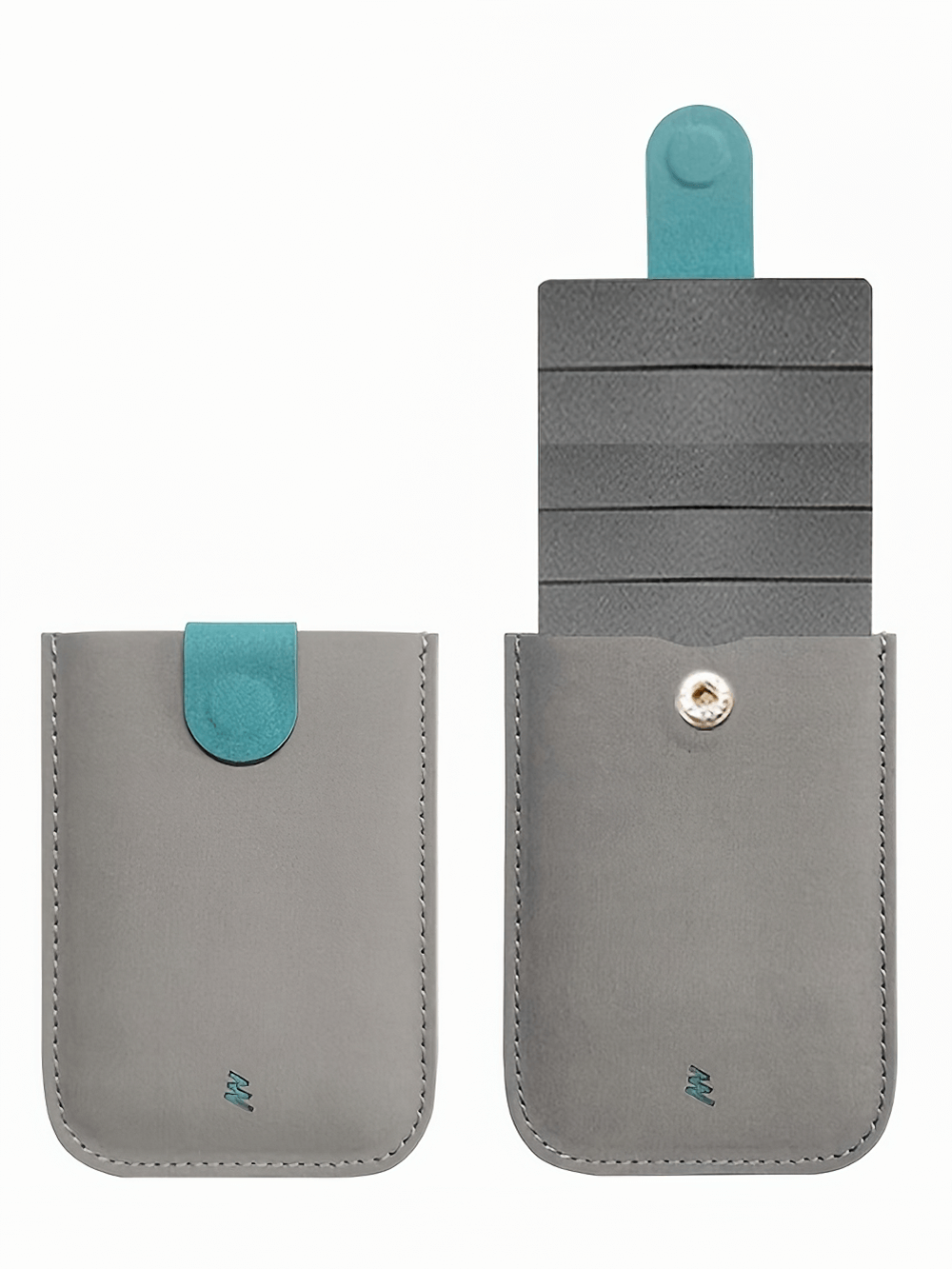 Minimalist Slim Faux Leather Card Case with Snap Closure and Multi-Slot Organizer in Grey and Teal