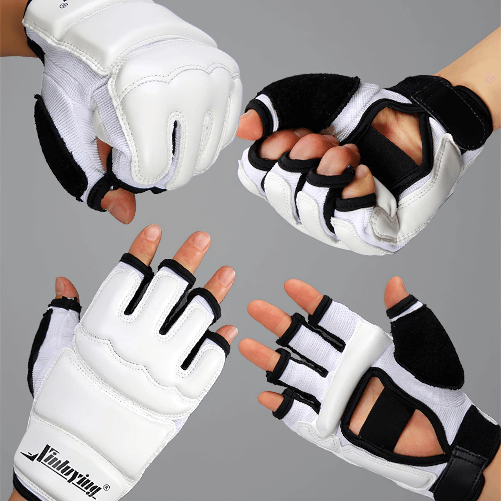 MMA sparring gloves with EVA impact protection and open palm design for martial arts training. Durable PU leather exterior.