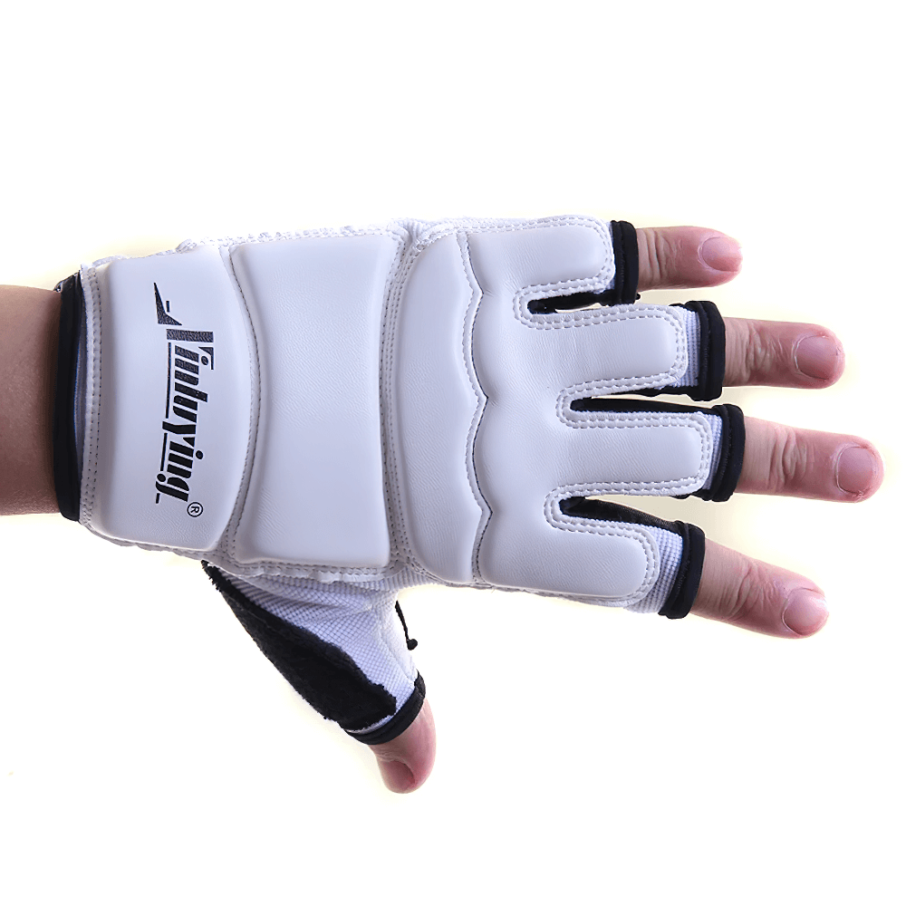 White MMA sparring glove with EVA impact protection, open palm design and reinforced PU leather for martial arts training and combat sports.