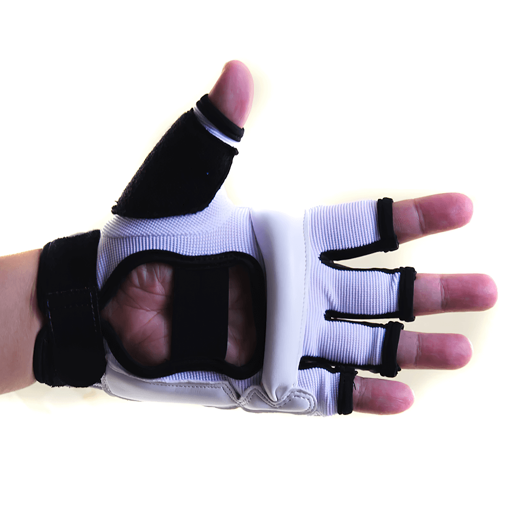 MMA sparring glove with open palm design and white PU leather, ideal for martial arts training and impact protection - SF2687.