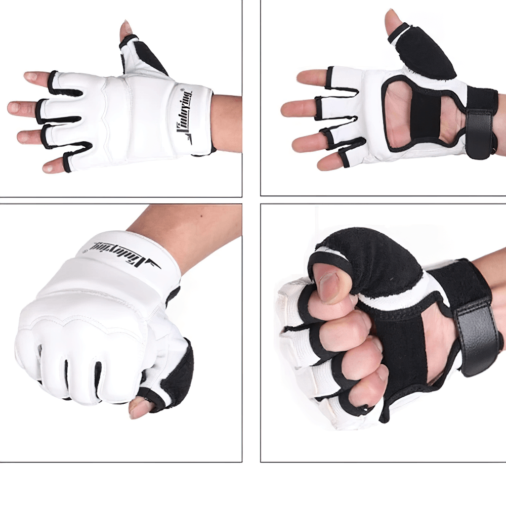 MMA sparring gloves with EVA impact protection, featuring open palm design for flexibility, perfect for martial arts training.