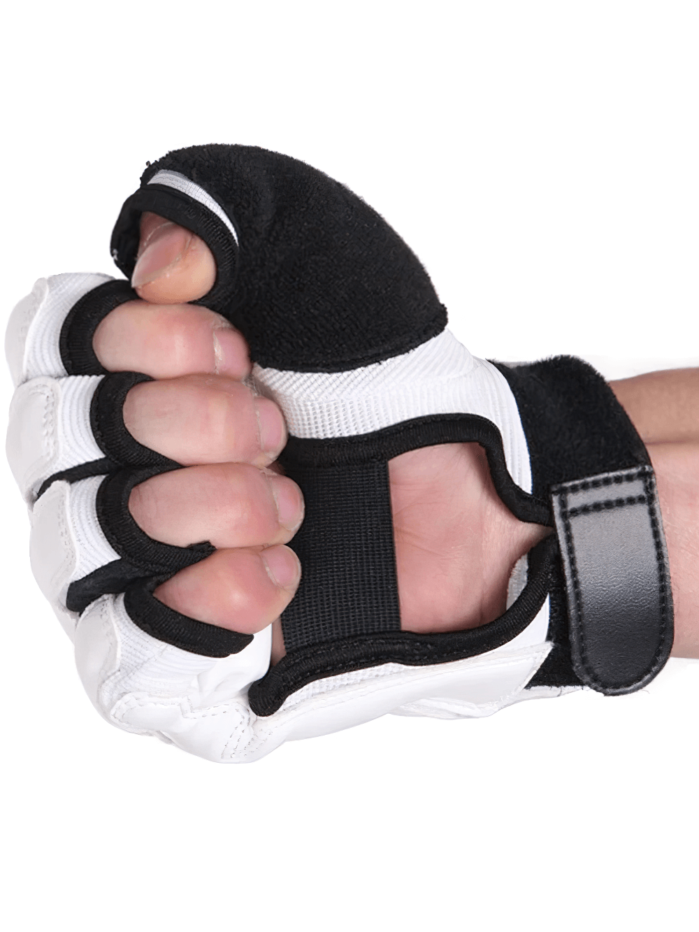 Person wearing MMA sparring gloves with EVA protection, showcasing open palm design and reinforced PU leather exterior.