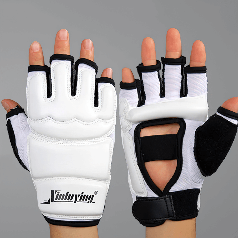 White MMA sparring gloves with EVA impact pads and open palm design for breathability, enhancing martial arts training experience.