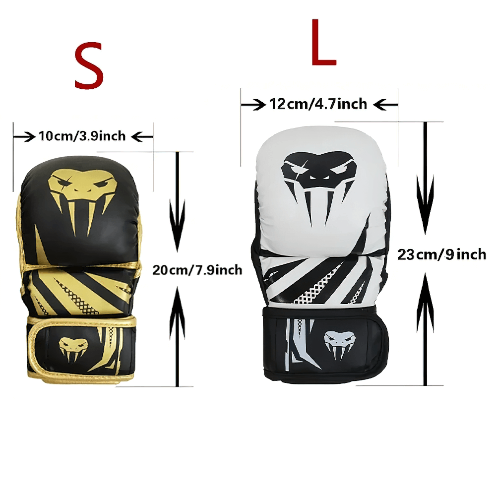 MMA training gloves in sizes S and L with measurements for boxing and martial arts. Features impact-resistant padding and wrist support.