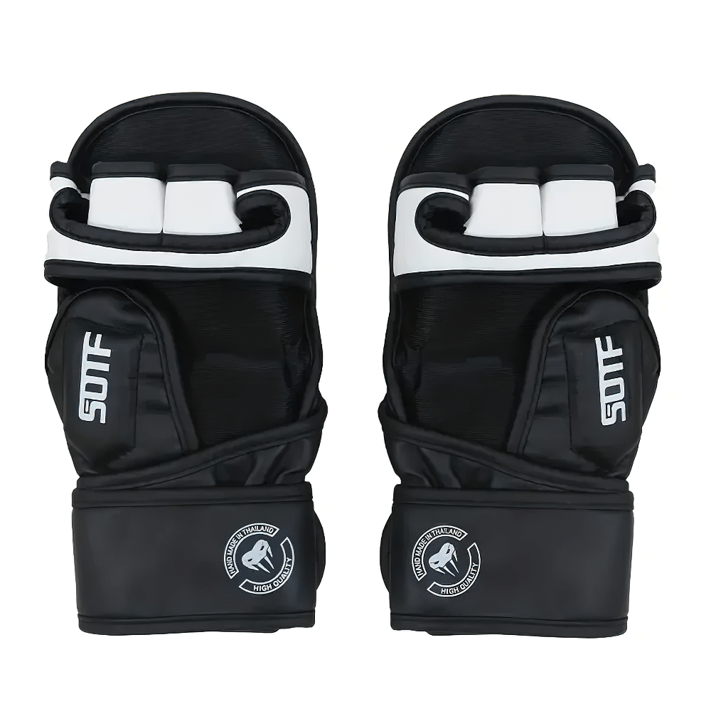 Black MMA training gloves with wrist support and padding, perfect for boxing and martial arts. Model SF2695 impact-resistant design.