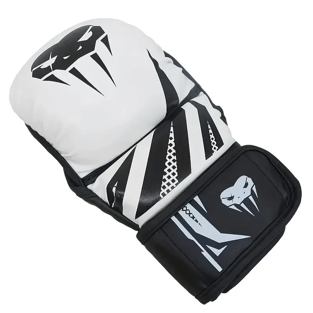 MMA training gloves with wrist support and padding, impact-resistant for boxing and martial arts, black and white design.