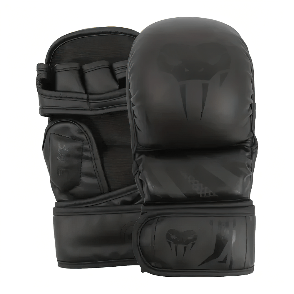 Black MMA training gloves with reinforced padding and wrist support, perfect for boxing and martial arts. Model SF2695.