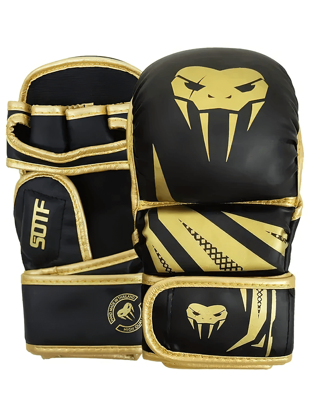 Impact-resistant MMA training gloves with wrist support, gold and black design, half-finger style for boxing and martial arts.