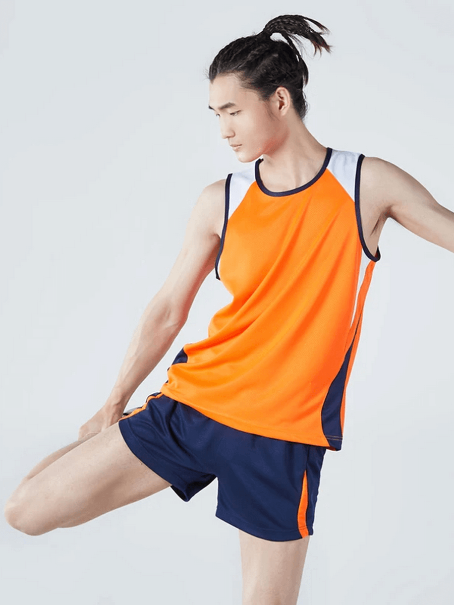 Orange men's athletic mesh tank top and shorts set, perfect for running and gym workouts. Lightweight, quick-drying polyester fabric.