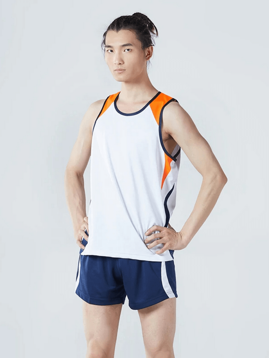 Men's athletic mesh tank top and shorts set in white and navy blue, designed for quick-drying comfort during workouts and running.