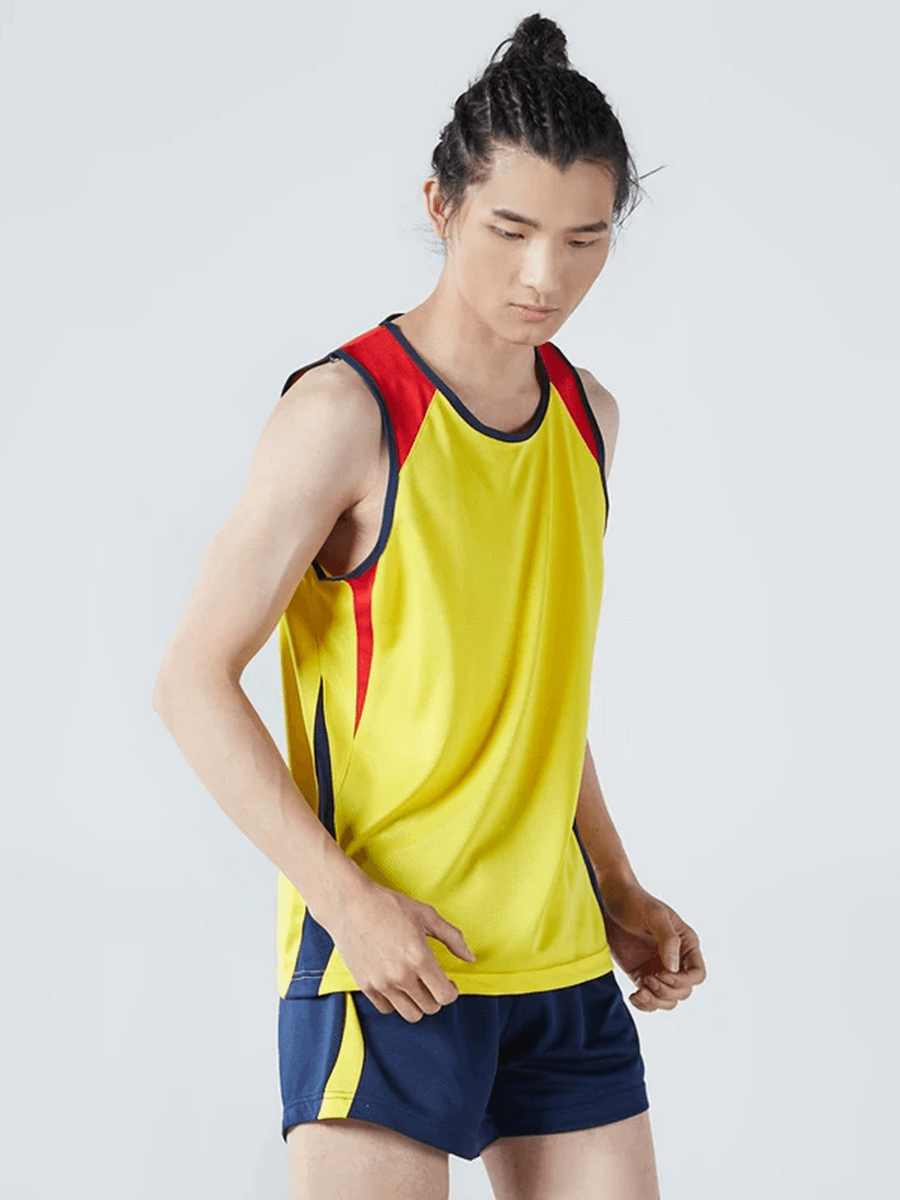 Men's athletic mesh tank top and shorts set in yellow and blue for running and gym, featuring breathable polyester and quick-drying fabric.