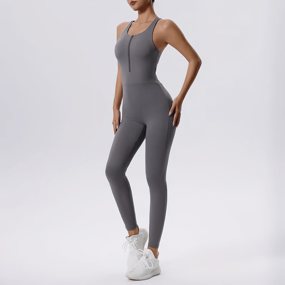 Modern women's zip-front fitness jumpsuit SF2095, sleeveless, gray, seamless design, perfect for gym-to-street style.