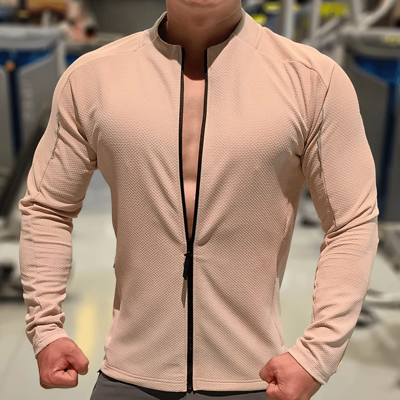 Man wearing beige modern zip-up textured sports jacket - SF1987, designed for running with breathable fabric and windproof tech.